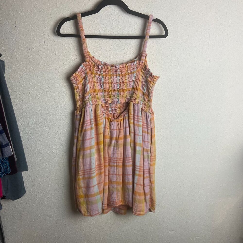 American Eagle Size L Dream Smocked Tank Dress Colorful Plaid Linen Mini Cottage - Picture 7 of 9